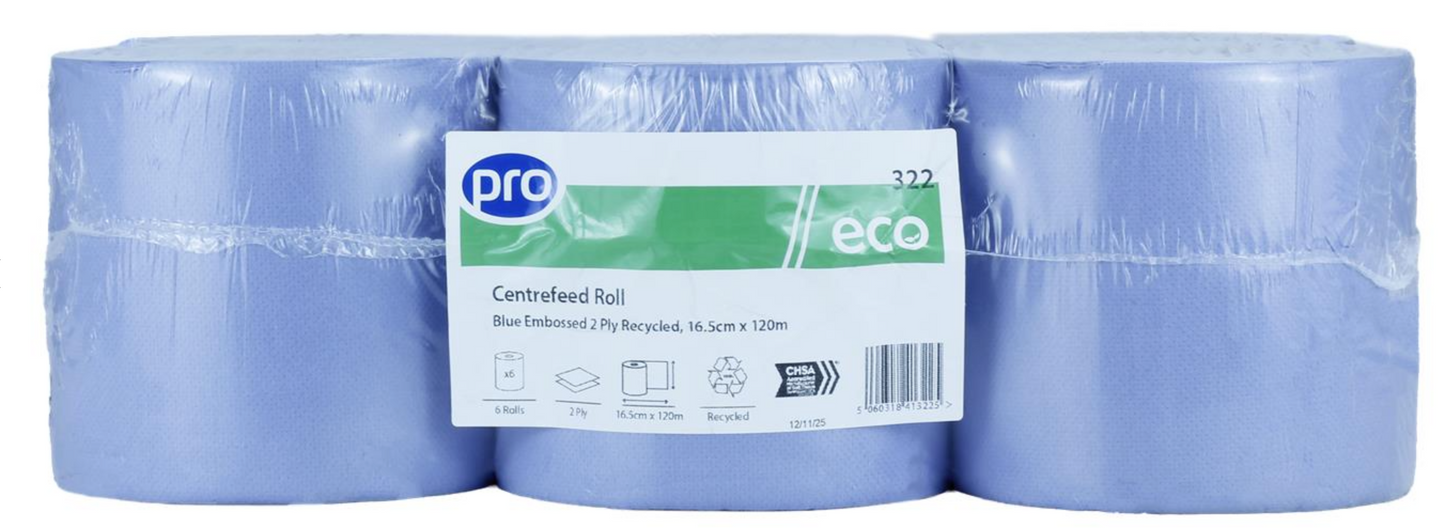 PRO Blue 2 Ply Centrefeed Roll 16.6cm x 120m